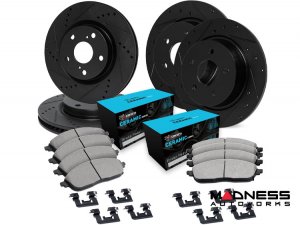 Jeep Renegade Brake Kit - Front + Rear - R1 Concepts - Ceramic Brake Pads - eLINE Black Drilled + Slotted Rotors